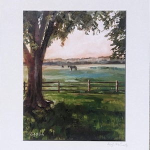 Backyard- original signed art print of horse in field with tree with white mat
