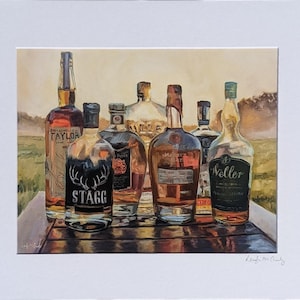 Bourbon Sunrise- original signed art print of bourbon bottles with white mat