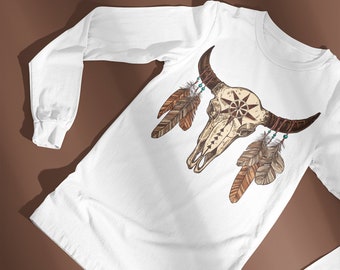 BOHO COW SKULL - Long Sleeve Shirt / Skull with Feathers T-shirt / Southwestern, Cowboy-Cowgirl, Country Style
