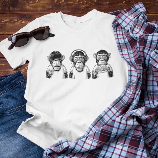 THREE WISE MONKEYS / Monkey Art T-shirt / Monkey Business / Monkey Lover Gift