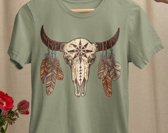 BOHO COW SKULL Shirt / Skull with Feathers T-shirt / Southwestern, Cowboy-Cowgirl, Country Style