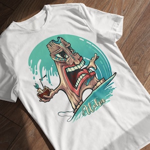 ALOHA TIKI SURFER / Hawaiian Tiki Mask Tshirt / Tropical and Funny Shirt