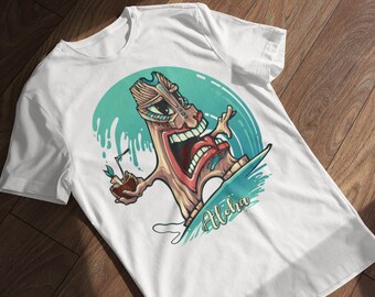 ALOHA TIKI SURFER / Hawaiian Tiki Mask Tshirt / Tropical and Funny Shirt