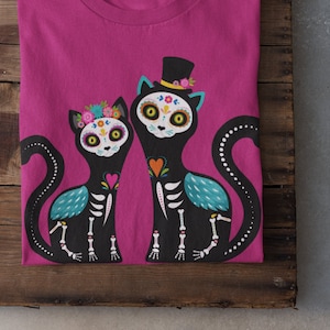 Dia De Los Muertos / Day Of The Dead Cat Skeletons Shirt / Sugar Skulls With Flowers