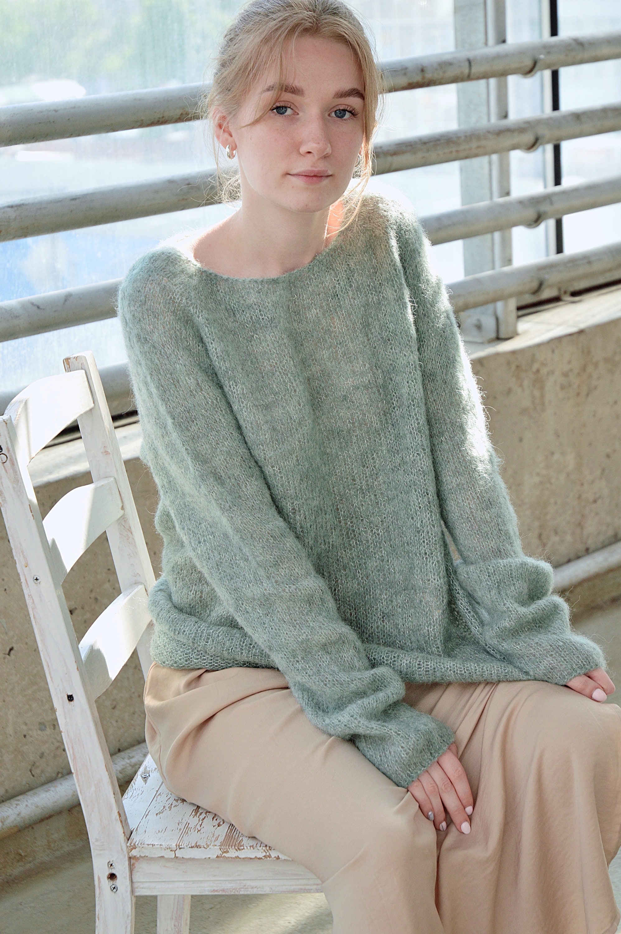 Sage green color handknitted sweater oversized pull alpaca Etsy