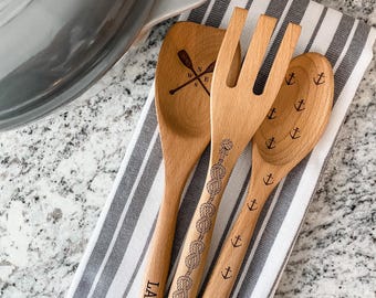 Engraved Wooden Utensil Set, Cooking Gifts for Her, Housewarming Gift, Christmas Gift, Unique Holiday Gift, Bridal Shower Gift