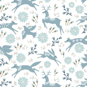 Starlit Hollow - Dashwood Studio Fabric - White and Blue Woodland Animal Print Fabric - Quilting Cotton, Patchwork Cotton, 100% Cotton