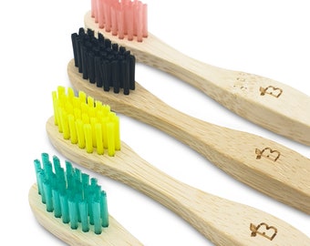 Cepillo de dientes de bambú para niños, ecológico, cepillos de dientes de madera natural con cerdas suaves sin BPA, rosa, verde, azul, púrpura, amarillo, regalo vegano