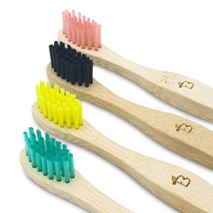 Kids Bamboo Toothbrush, Eco Friendly, Natural Wooden Toothbrushes with Soft BPA-Free Bristles, Pink, Green, Blue, Purple, Yellow, Vegan Gift image 1