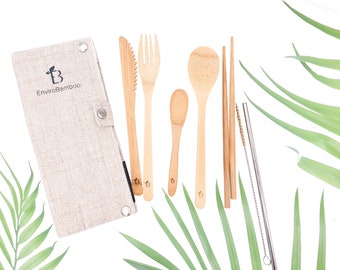 2x Bamboo Cutlery Set, Metal Straw, Reusable, Zero Waste Utensil Kit, EcoFriendly Cutlery, Camping Utensils, Travel Set, Plastic Free Gift