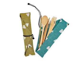 Eco-Friendly Cutlery Set with Cotton Pouch, Reusable Bamboo Cutlery, Zero Waste Utensil Kit, Straw, Chopsticks, Travel Set, Sustainable Gift