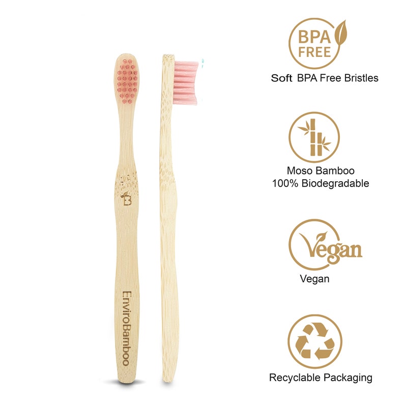 Kids Bamboo Toothbrush, Eco Friendly, Natural Wooden Toothbrushes with Soft BPA-Free Bristles, Pink, Green, Blue, Purple, Yellow, Vegan Gift image 3