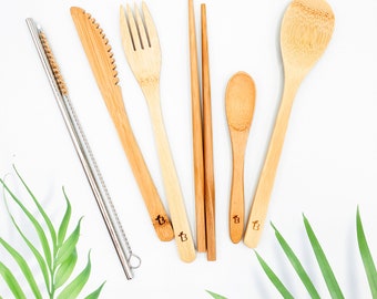 Eco Friendly Gifts, Bamboo Cutlery Set | Metal Straws | Zero Waste Utensil Kit | Cutlery Pouch | Plastic Free | Reusable Cutlery | Flatware