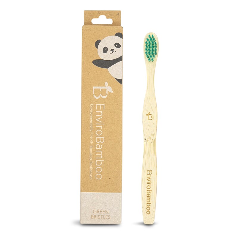Kids Bamboo Toothbrush, Eco Friendly, Natural Wooden Toothbrushes with Soft BPA-Free Bristles, Pink, Green, Blue, Purple, Yellow, Vegan Gift Green