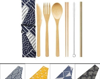 Zero Waste Utensil Kit | 7 Piece Bamboo Cutlery Set | Reusable Cutlery with Cotton Pouch | 4 Designs | Straw | Travel Set | Sustainable Gift