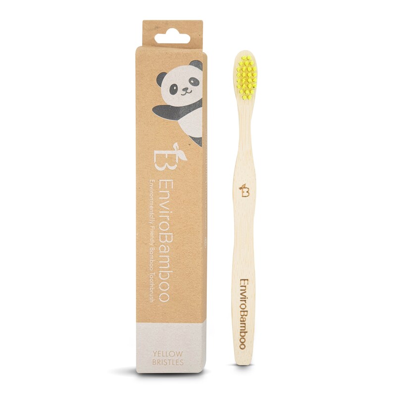 Kids Bamboo Toothbrush, Eco Friendly, Natural Wooden Toothbrushes with Soft BPA-Free Bristles, Pink, Green, Blue, Purple, Yellow, Vegan Gift Yellow