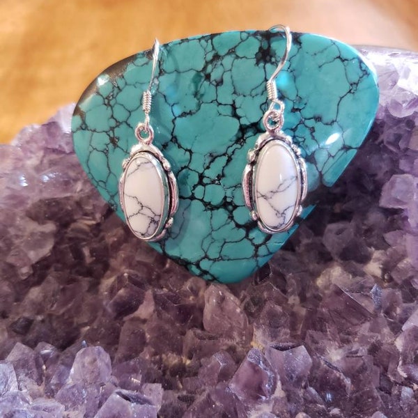 Long Oval White Buffalo Turquoise Earring/Sterling Silver 925/Handmade Jewelry/Made In USA