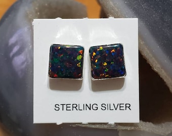 Square Black Fire Opal Earrings /Opal Studs Earrings/Handmade/Birthday Gift/Sterling Silver/Made In USA