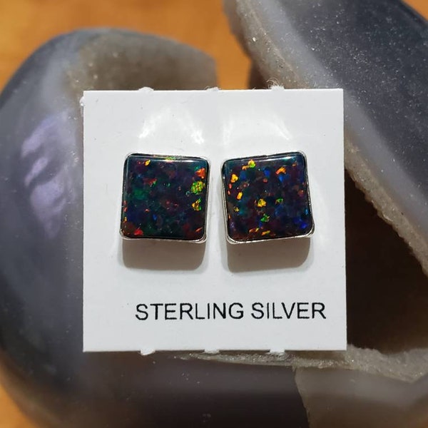 Square Black Fire Opal Earrings /Opal Studs Earrings/Handmade/Birthday Gift/Sterling Silver/Made In USA