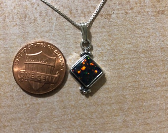 Square Black Opal Pendant Necklace /Black Fire Opal Sterling Silver/Handmade Jewelry/Bridesmaid Gift/Small Pendant
