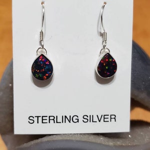 Dainty Teardrop Black Fire Opal Earring/925 Sterling Silver/Opal Studs/Handmade Jewelry/Made In USA