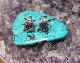 Small Turtle In Fire Opal Stud Earring/Sterling Silver 925/Handmade Jewelry/Black Opal Turtle/ Stud Earring