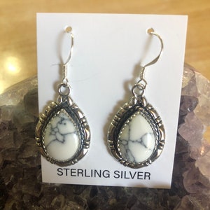 White Buffalo Turquoise Earrings/Sterling Silver/Southwestern Jewelry/Teardrop Turquoise /Made In USA