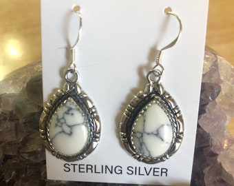 White Buffalo Turquoise Earrings/Sterling Silver/Southwestern Jewelry/Teardrop Turquoise /Made In USA