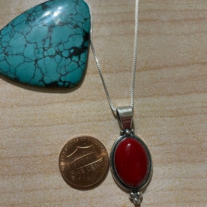 Red Coral Pendant Necklace/18” Or 20” Box Chain Necklace/Sterling Silver/Southwestern Design/Statement Pendant/Made In USA