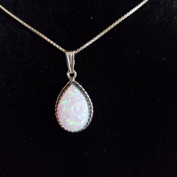 Large Opal Teardrop Pendant/Fire Opal Pendant Necklace/Handmade Jewelry/Sterling Silver 925/Made In USA