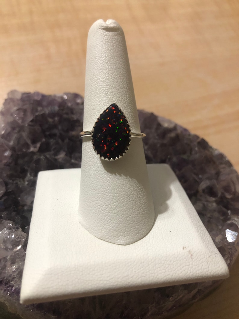Black Opal Rings/Sterling Silver/Handmade Ring/Black Fire Opal Ring/Teardrop Black Opal Ring /Black Red Opal Rings /Made In USA image 7
