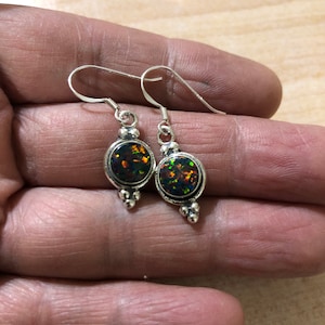 Dainty Fire Opal Dangle Earrings /Sparkle Black Opal Earring/Sterling Silver/Handmade Jewelry/Gift For Her/Bridesmaid Gift/Made In USA