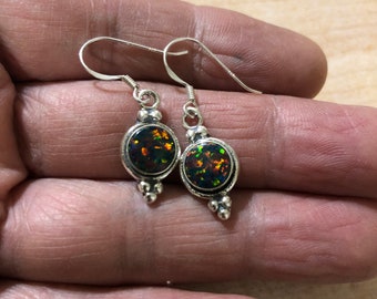 Dainty Fire Opal Dangle Earrings /Sparkle Black Opal Earring/Sterling Silver/Handmade Jewelry/Gift For Her/Bridesmaid Gift/Made In USA