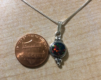Dainty Black Opal Pendant Necklace /Black Fire Opal Sterling Silver/Handmade Jewelry/Box Chain Necklace/Bridesmaid Gift