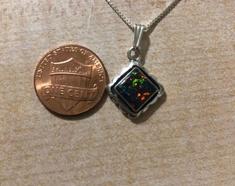 Square Black Opal Pendant Necklace /Black Fire Opal Sterling Silver/Handmade Jewelry/Bridesmaid Gift