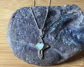 Small Cross Pendant/White Fire Opal Cross Pendant/Sterling Silver 925/Handmade Jewelry/ Opal Pendant/ Cross