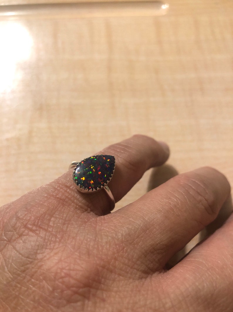 Black Opal Rings/Sterling Silver/Handmade Ring/Black Fire Opal Ring/Teardrop Black Opal Ring /Black Red Opal Rings /Made In USA image 3