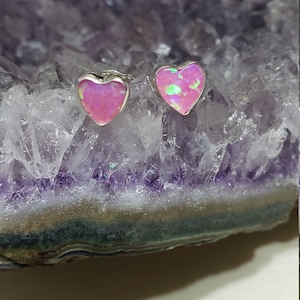 Pink Opal Heart Earrings/Dainty Heart Studs/925 Sterling Silver/Small Handmade Jewelry/Valentine Gift/Made In USA