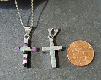 Cross Opal Pendant/Double Side Inlay Cross/Sterling Silver/Black Inlay Opal Cross/Opal Cross/Small Cross/Gift For Her/LTQ8