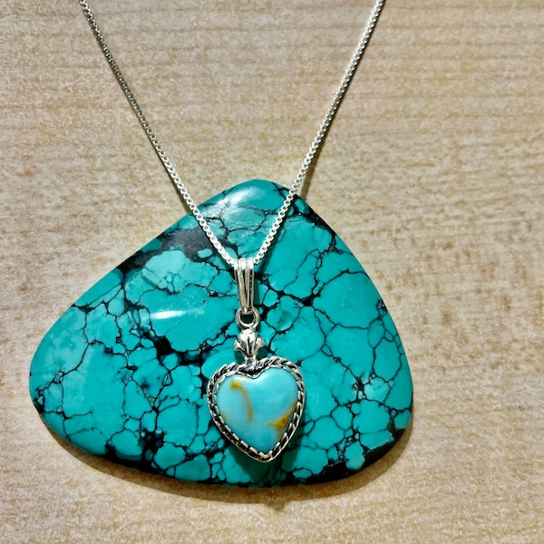 Cute Heart Turquoise Necklace/Box Chain/Blue Turquoise Heart Pendant/Heart/ Sterling Silver/Handmade Jewelry/Made In Albuquerque