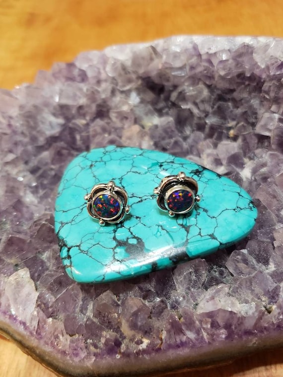 Opal Stud Earring/small Fire Opal Stud/black Opal/handmade Jewelry