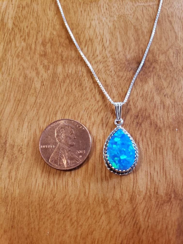 Teardrop Blue Fire Opal Pendant/Sterling Silver 925/Handmade Jewelry/Opal Necklace/Made In USA