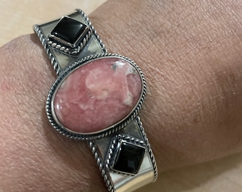 Rhodochrosite Bracelet Cuff/Pink Stone Cuff/ Rhodochrosite Onyx Cuff/Handmade Jewelry/Sterling Silver/Gift For Her/Made In USA