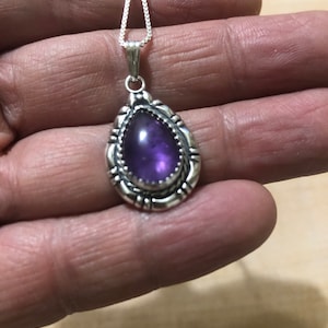 Large Teardrop Pendant/Purple Amethyst Necklace/Purple Gems Stone/Box Chain Necklace /Sterling Silver 925/Made In USA
