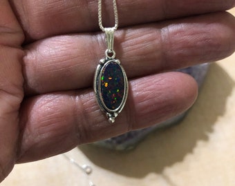 Pendant Necklace /Black Fire Opal Sterling Silver/Black Opal Pendant/Dainty Pendant/Bridesmaid Gift