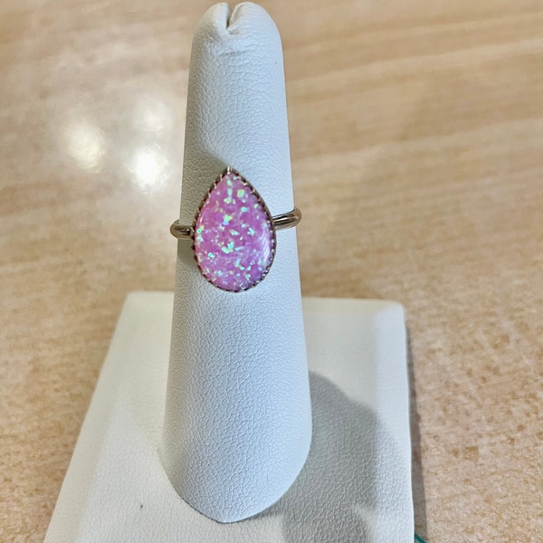 Teardrop Fire Opal Ring/Sterling Silver/Handmade Ring/Pink Opal Ring/Pink /Gift For Her/Made In USA