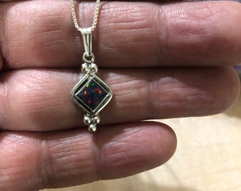 Dainty Black Opal Pendant Necklace /Black Fire Opal Sterling Silver/Handmade Jewelry/Bridesmaid Gift