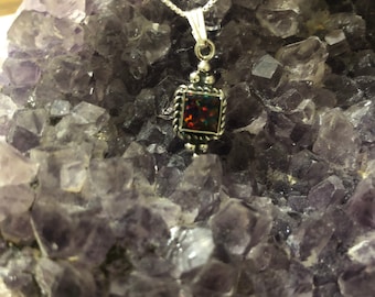 Dainty Square Black Opal Pendant Necklace /Black Fire Opal Sterling Silver/Handmade Jewelry/Box Chain Necklace/Bridesmaid Gift