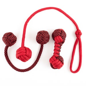 May include: A selection of red and black rope dog toys. The toys feature knotted balls and a twisted rope design, connected by red rope. These toys are designed for interactive play and are suitable for dogs.
