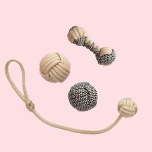 Pode incluir: Um conjunto de quatro brinquedos para cães feitos de corda amarrada. Os brinquedos são de várias formas, incluindo um osso, uma bola e uma corda amarrada com um laço. Os brinquedos são bege e pretos.